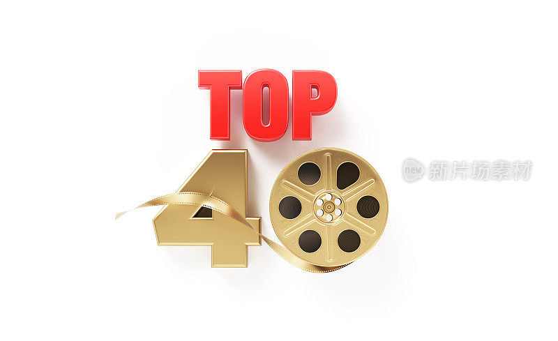 Top 40 Film Concept -金色胶片卷轴形成Top 40 Word On White Background